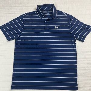 Under Armour Heatgear Men's Blue Striped Performance Golf Polo Loose Fit Large